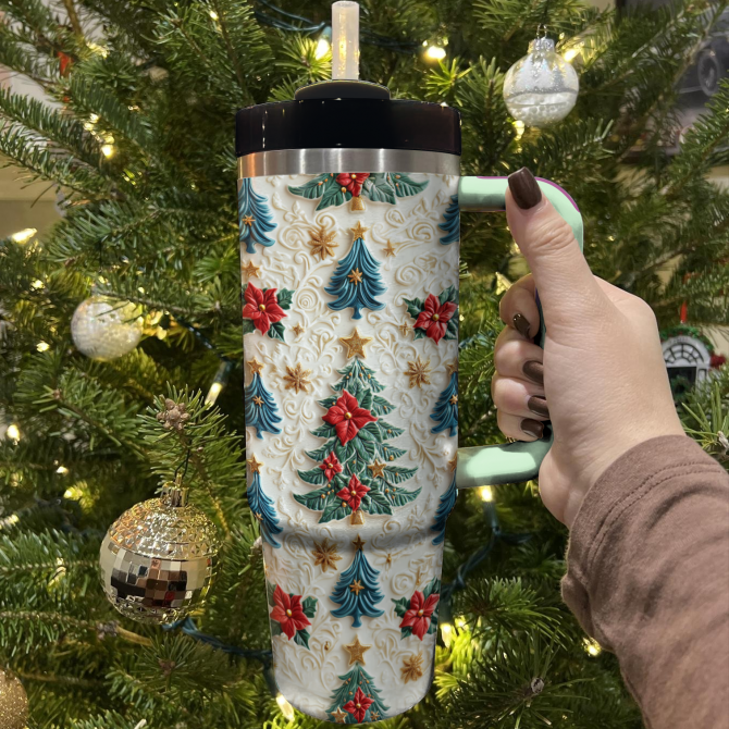 Enchanted Evergreen Blooms Christmas Custom Stanley Quencher 40oz Stainless Steel Tumbler With Handle - Image 3