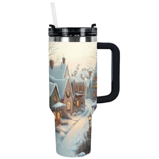 Evening Village Glow Christmas Custom Stanley Quencher 40oz Stainless Steel Tumbler With Handle