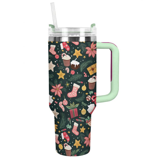 Festive Christmas Custom Stanley Quencher 40oz Stainless Steel Tumbler With Handle
