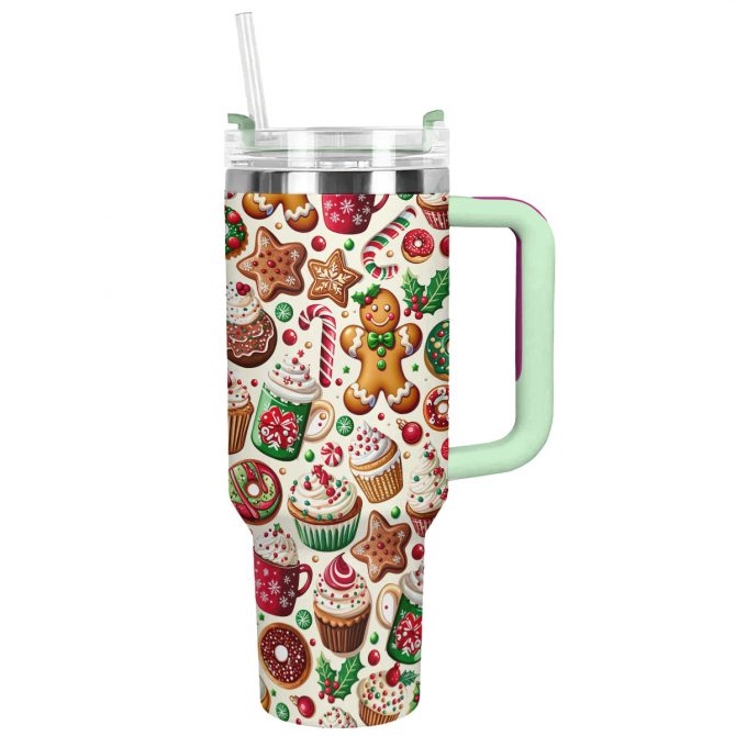 Festive Christmas Gingerbread Custom Stanley Quencher 40oz Stainless Steel Tumbler With Handle