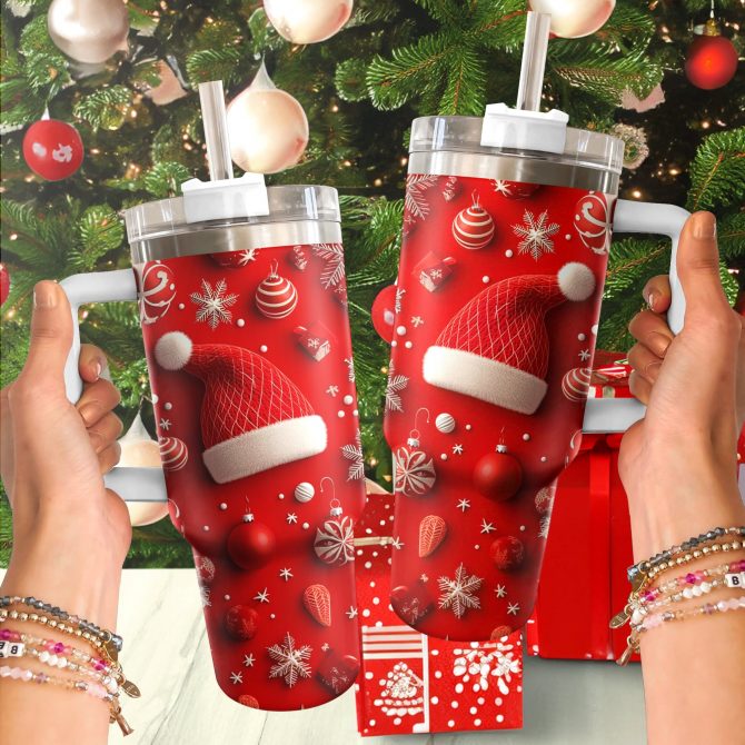 Festive Christmas Hat Custom Stanley Quencher 40oz Stainless Steel Tumbler With Handle - Image 3