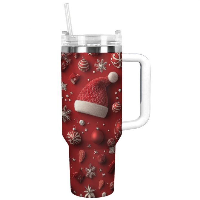 Festive Christmas Hat Custom Stanley Quencher 40oz Stainless Steel Tumbler With Handle