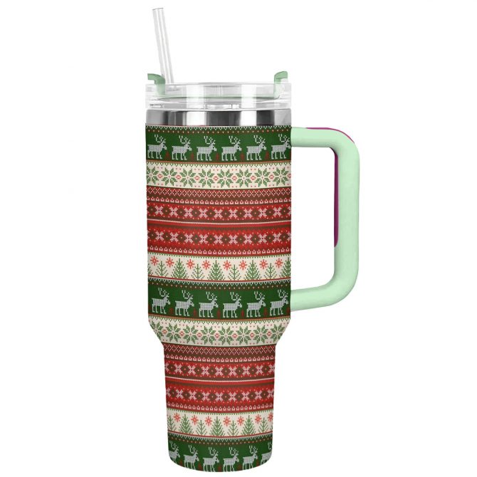 Festive Christmas Knit Custom Stanley Quencher 40oz Stainless Steel Tumbler With Handle