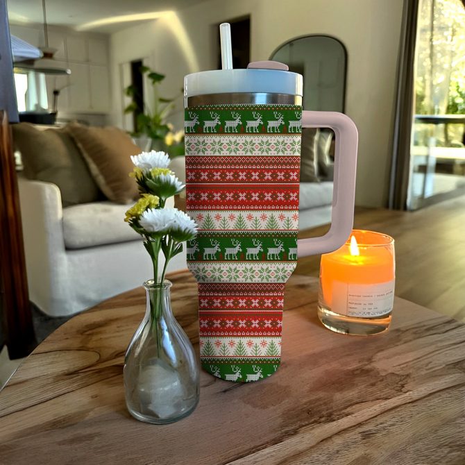 Festive Christmas Knit Custom Stanley Quencher 40oz Stainless Steel Tumbler With Handle - Image 3