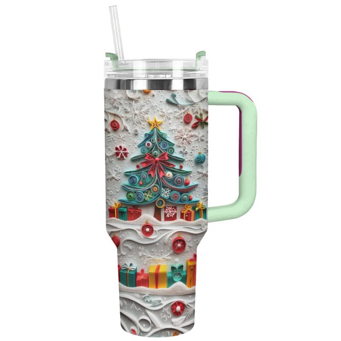 Festive Christmas Tree Custom Stanley Quencher 40oz Stainless Steel Tumbler With Handle