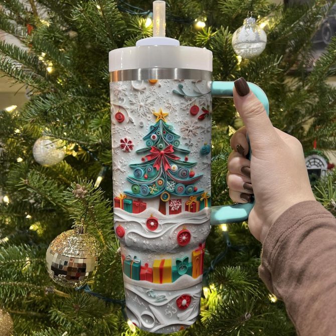 Festive Christmas Tree Custom Stanley Quencher 40oz Stainless Steel Tumbler With Handle - Image 3