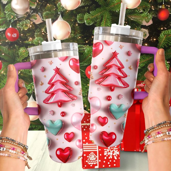 Festive Christmas Tree Custom Stanley Quencher 40oz Stainless Steel Tumbler With Handle - Image 3