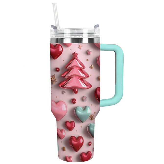 Festive Christmas Tree Custom Stanley Quencher 40oz Stainless Steel Tumbler With Handle