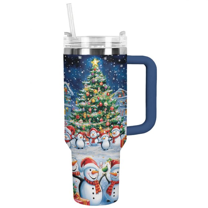Festive Snowman Christmas Custom Stanley Quencher 40oz Stainless Steel Tumbler With Handle