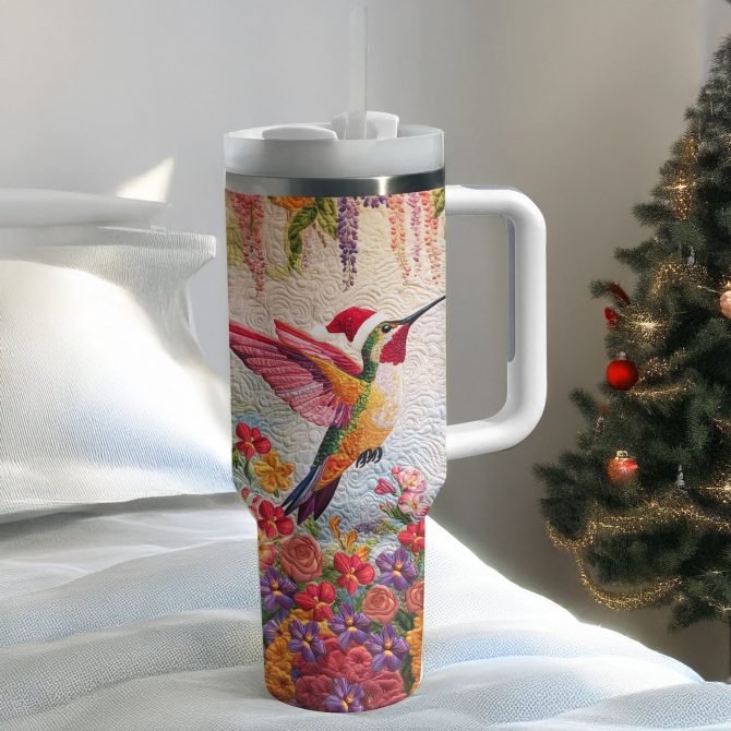 Floral Christmas Hummingbird Custom Stanley Quencher 40oz Stainless Steel Tumbler With Handle - Image 2