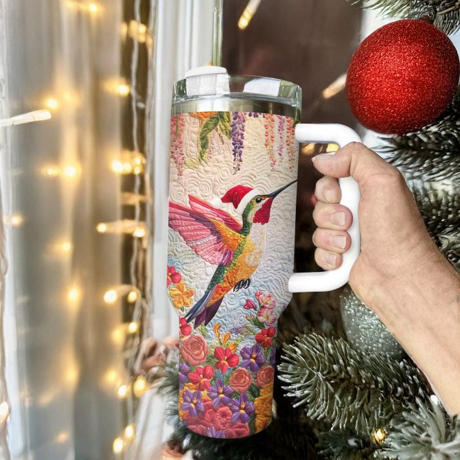 Floral Christmas Hummingbird Custom Stanley Quencher 40oz Stainless Steel Tumbler With Handle - Image 3
