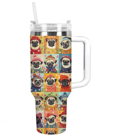 Floral Pug In Sweater Christmas Custom Stanley Quencher 40oz Stainless Steel Tumbler With Handle