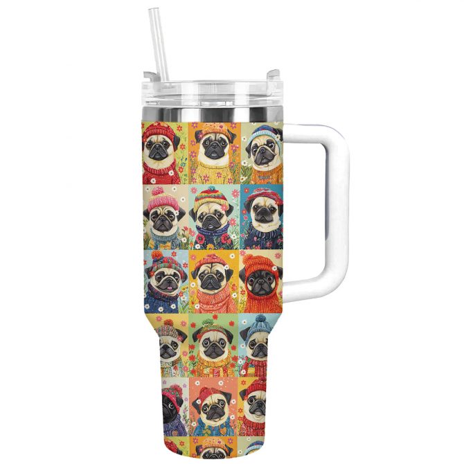 Floral Pug In Sweater Christmas Custom Stanley Quencher 40oz Stainless Steel Tumbler With Handle