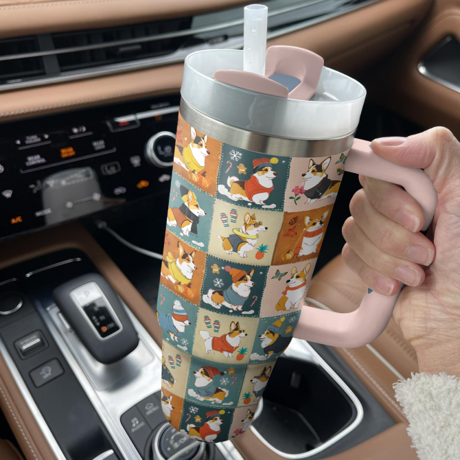 Four Seasons Corgi Charm Christmas Custom Stanley Quencher 40oz Stainless Steel Tumbler With Handle - Image 3