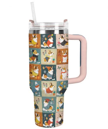 Four Seasons Corgi Charm Christmas Custom Stanley Quencher 40oz Stainless Steel Tumbler With Handle
