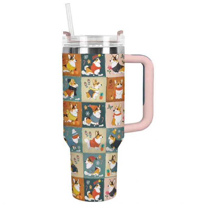 Four Seasons Corgi Charm Christmas Custom Stanley Quencher 40oz Stainless Steel Tumbler With Handle