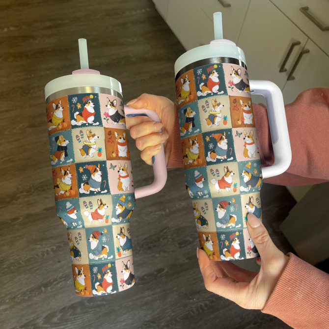 Four Seasons Corgi Charm Christmas Custom Stanley Quencher 40oz Stainless Steel Tumbler With Handle - Image 2