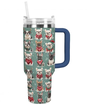 French Bulldogs In Xmas Sweaters Christmas Custom Stanley Quencher 40oz Stainless Steel Tumbler With Handle
