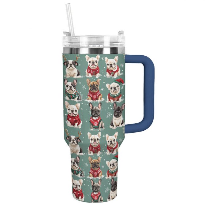 French Bulldogs In Xmas Sweaters Christmas Custom Stanley Quencher 40oz Stainless Steel Tumbler With Handle