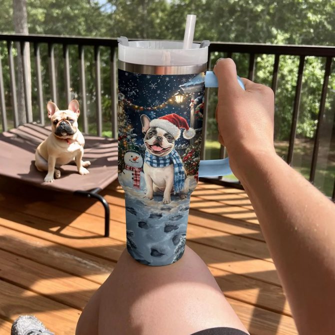 Frenchie Bulldog Winter Wonderland Christmas Custom Stanley Quencher 40oz Stainless Steel Tumbler With Handle - Image 3