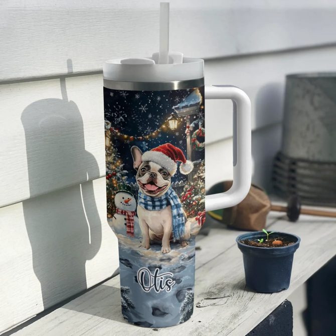 Frenchie Bulldog Winter Wonderland Christmas Custom Stanley Quencher 40oz Stainless Steel Tumbler With Handle - Image 2