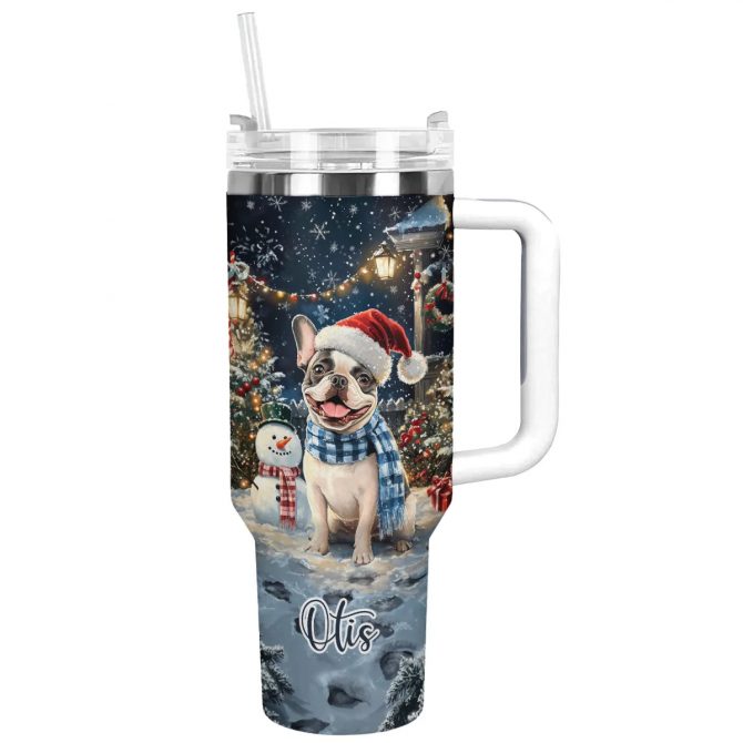 Frenchie Bulldog Winter Wonderland Christmas Custom Stanley Quencher 40oz Stainless Steel Tumbler With Handle