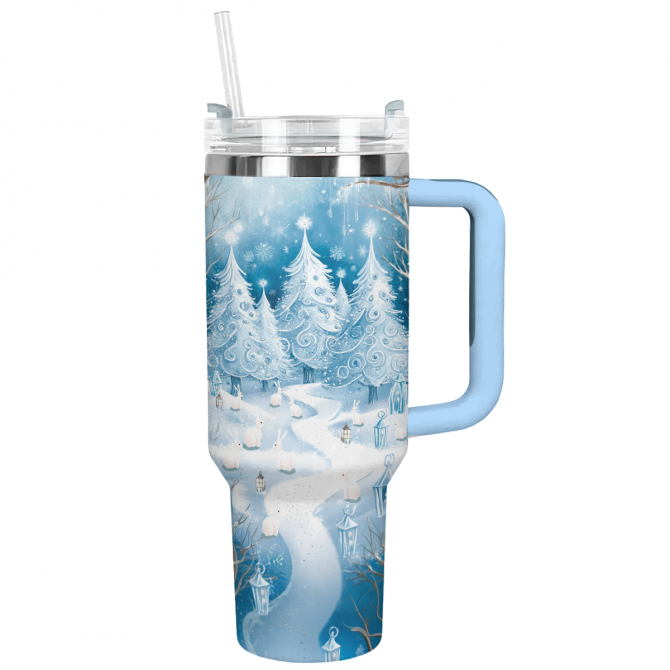 Frosted Snowland Christmas Custom Stanley Quencher 40oz Stainless Steel Tumbler With Handle