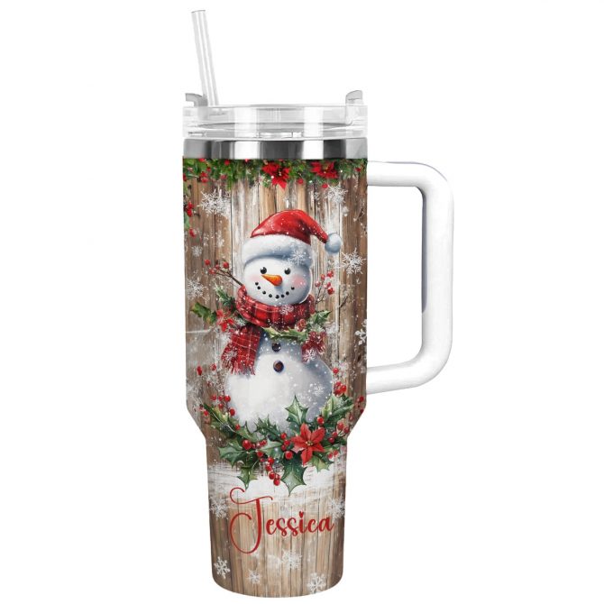 Frosty Cheer Snowman Christmas Custom Stanley Quencher 40oz Stainless Steel Tumbler With Handle