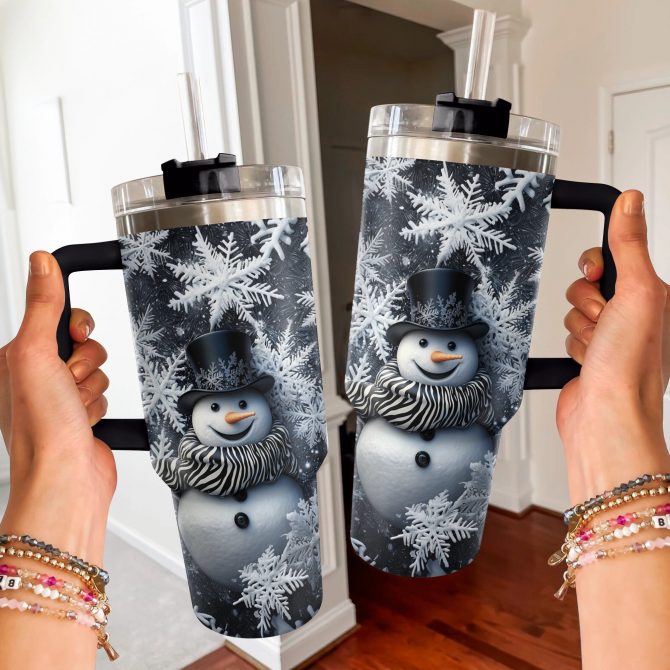 Frosty Elegance Snowman Christmas Custom Stanley Quencher 40oz Stainless Steel Tumbler With Handle - Image 3