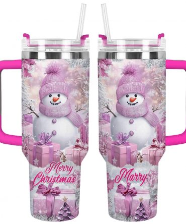 Frosty Pink Snowman Christmas Custom Stanley Quencher 40oz Stainless Steel Tumbler With Handle