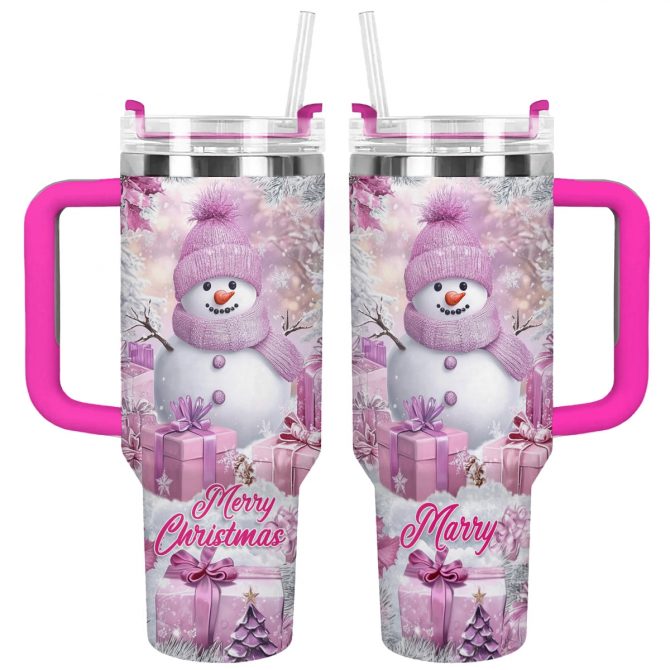 Frosty Pink Snowman Christmas Custom Stanley Quencher 40oz Stainless Steel Tumbler With Handle