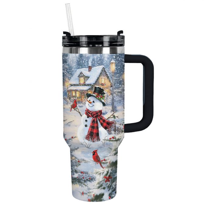 Frosty Snowman Cabin Delight Christmas Custom Stanley Quencher 40oz Stainless Steel Tumbler With Handle