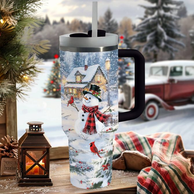 Frosty Snowman Cabin Delight Christmas Custom Stanley Quencher 40oz Stainless Steel Tumbler With Handle - Image 2