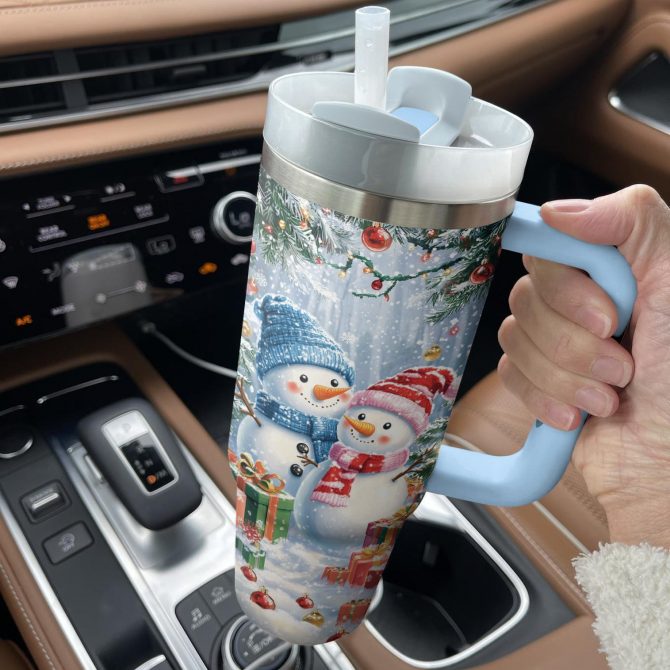 Frosty Snowman Couple Christmas Custom Stanley Quencher 40oz Stainless Steel Tumbler With Handle - Image 3