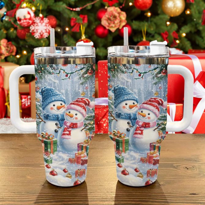 Frosty Snowman Couple Christmas Custom Stanley Quencher 40oz Stainless Steel Tumbler With Handle - Image 2