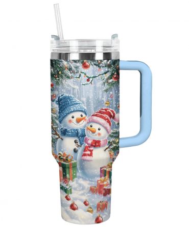 Frosty Snowman Couple Christmas Custom Stanley Quencher 40oz Stainless Steel Tumbler With Handle