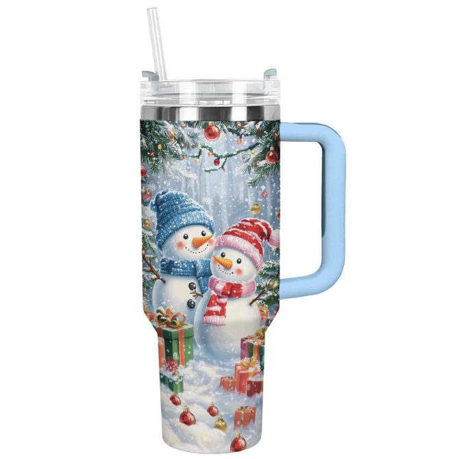 Frosty Snowman Couple Christmas Custom Stanley Quencher 40oz Stainless Steel Tumbler With Handle