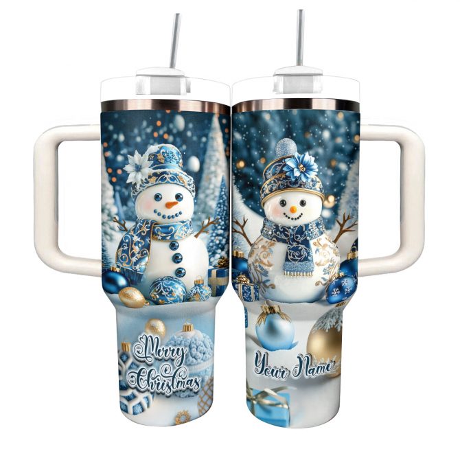 Frosty Snowman Elegance Christmas Custom Stanley Quencher 40oz Stainless Steel Tumbler With Handle