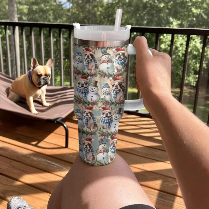 Frosty Snowman Frenchie Bulldog Christmas Custom Stanley Quencher 40oz Stainless Steel Tumbler With Handle - Image 2