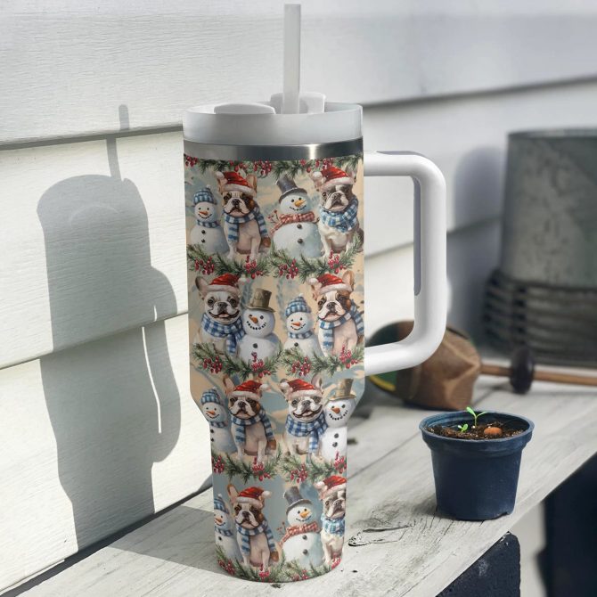 Frosty Snowman Frenchie Bulldog Christmas Custom Stanley Quencher 40oz Stainless Steel Tumbler With Handle - Image 3