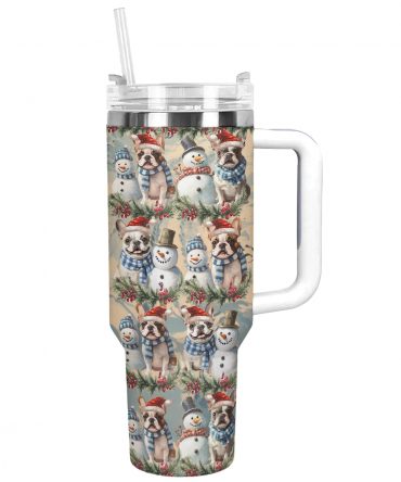Frosty Snowman Frenchie Bulldog Christmas Custom Stanley Quencher 40oz Stainless Steel Tumbler With Handle