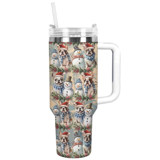 Frosty Snowman Frenchie Bulldog Christmas Custom Stanley Quencher 40oz Stainless Steel Tumbler With Handle