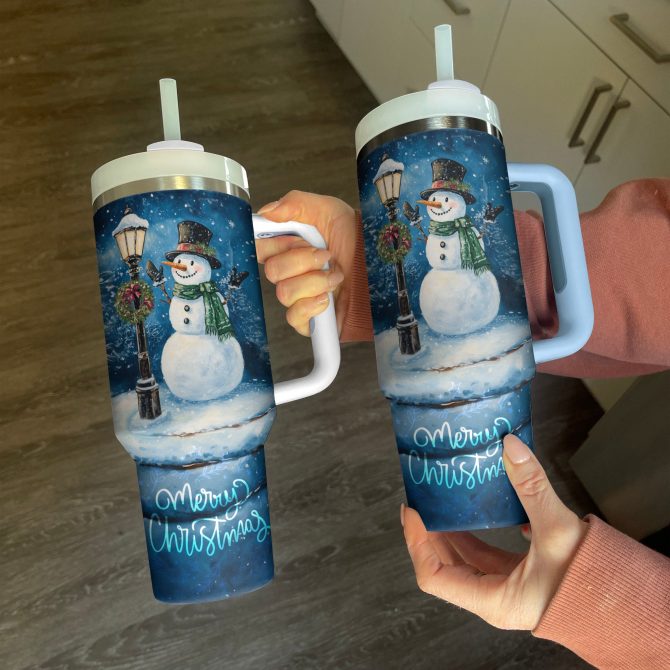 Frosty Snowman Night Christmas Custom Stanley Quencher 40oz Stainless Steel Tumbler With Handle - Image 2