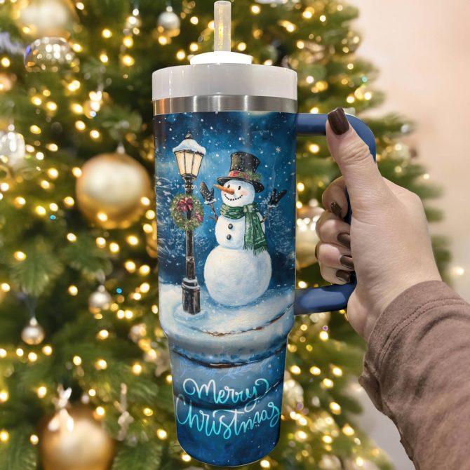 Frosty Snowman Night Christmas Custom Stanley Quencher 40oz Stainless Steel Tumbler With Handle - Image 3
