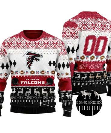 Personalized Ugly Christmas Sweater Atlanta-Falcons, Rise Up Red/Black/White Custom Name Number Gift For Football Fan Ugly Xmas Jumper