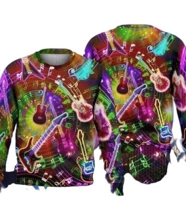 Merry Xmas Colorful Guitar Glowing With Neon Light Ugly Christmas Sweater