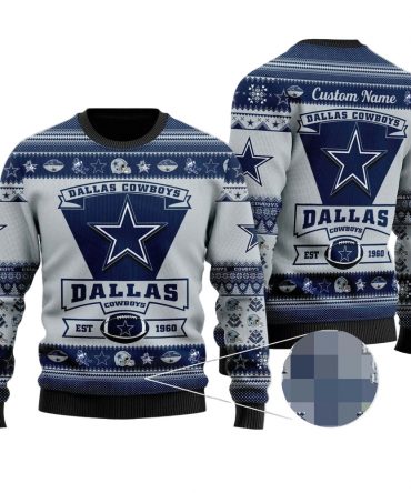 Personalized Ugly Christmas Sweater Dallas-Cowboys, America's Team Blue/Grey Custom Name Gift For Football Fan Ugly Xmas Jumper