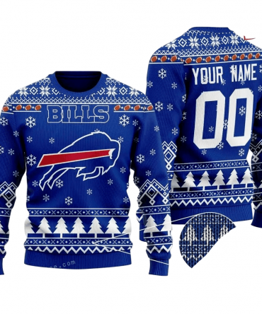 Personalized Ugly Christmas Sweater Buffalo-Bills, Billieve Blue/White Custom Name And Number Gift For Football Fan Ugly Xmas Jumper