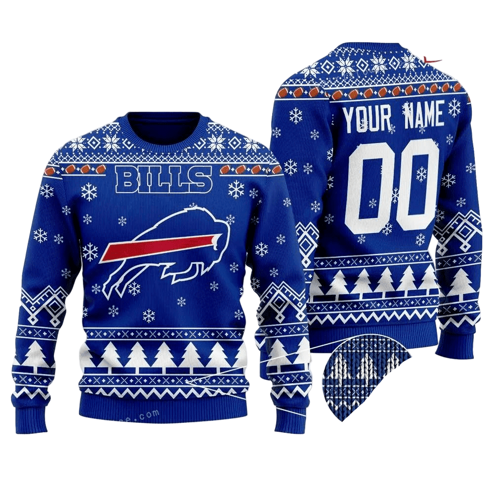 Personalized Ugly Christmas Sweater Buffalo-Bills, Billieve Blue/White Custom Name And Number Gift For Football Fan Ugly Xmas Jumper