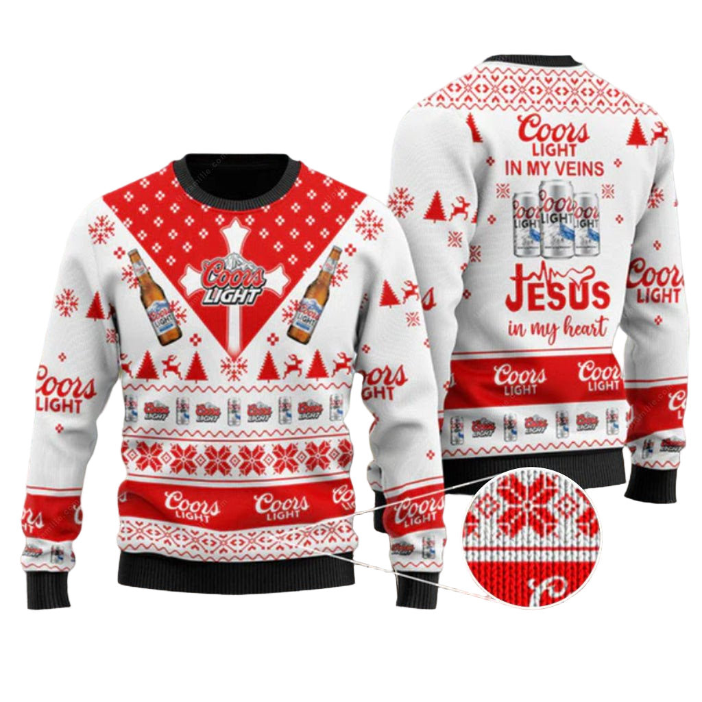 Coors Light Ugly Christmas Sweater, Coors Light In My Veins Jesus Ugly